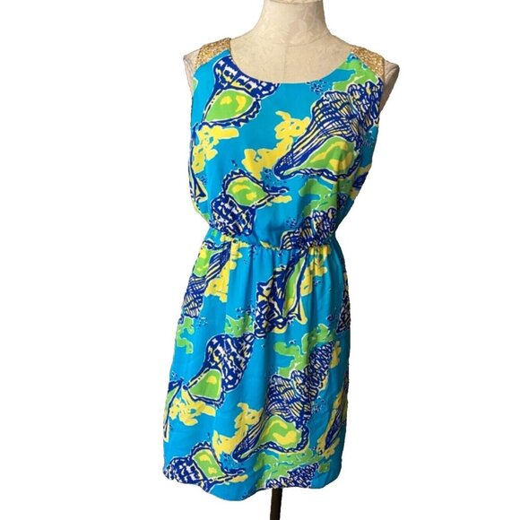 Lilly Pulitzer Dress Blue Yellow Gold Green S Small Summer Resort Cruise - Picture 1 of 8